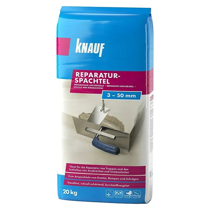 Knauf Reparaturspachtel - 20 kg, Schichtdicke: 3 mm - 50 mm - Knauf Reparaturspachtel, 20 kg Sack. Ideal für Reparaturen an Treppen, Kanten, Rampen und Schrägen. Schnell erhärtend und kunststoffvergütet.
