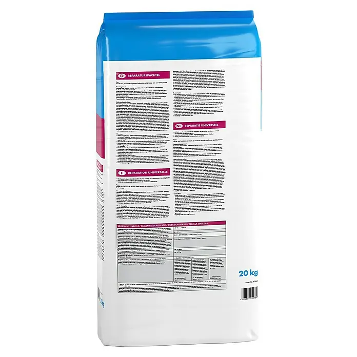 Knauf Flächenspachtel - 20 kg - Eine Nahaufnahme der Rückseite einer 20-kg-Packung Knauf Reparaturspachtel, die detaillierte Produktinformationen und Anweisungen zeigt.