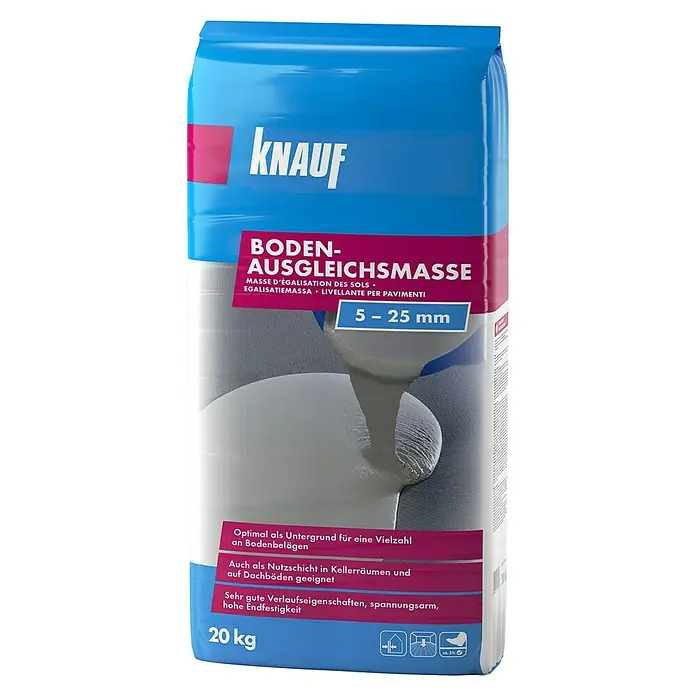 Knauf Bodenausgleichsmasse - 20 kg, Schichtdicke: 5 mm - 25 mm - Nahaufnahme eines blauen 20 kg Sackes Knauf Bodenausgleichsmasse mit Produktbeschreibung.