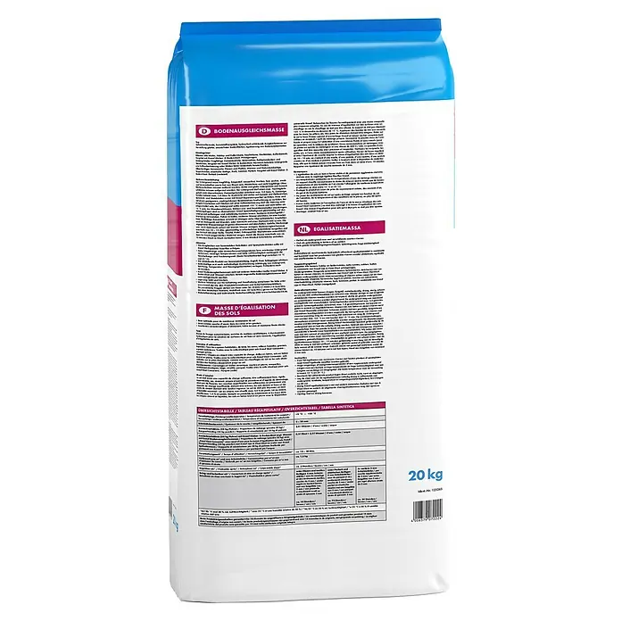 Knauf Bodenausgleichsmasse - 20 kg, Schichtdicke: 5 mm - 25 mm - Abbildung eines 20 kg Sacks Bodenausgleichsmasse mit Produktinformationen und Hinweisen zur Anwendung auf Deutsch, Französisch und Niederländisch.
