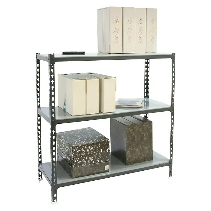 Simonrack Simonclick Metallregal Simonclick Super Plus - H x B x T: 90 x 110 x 40 cm, Traglast pro Boden: 200 kg, Anzahl Böden: 3 Stk., Stecken, Anthrazit/Silber - Regal mit drei Ablagen, beladen mit Boxen und Ordnern, ideal für Lagerung und Organisation.