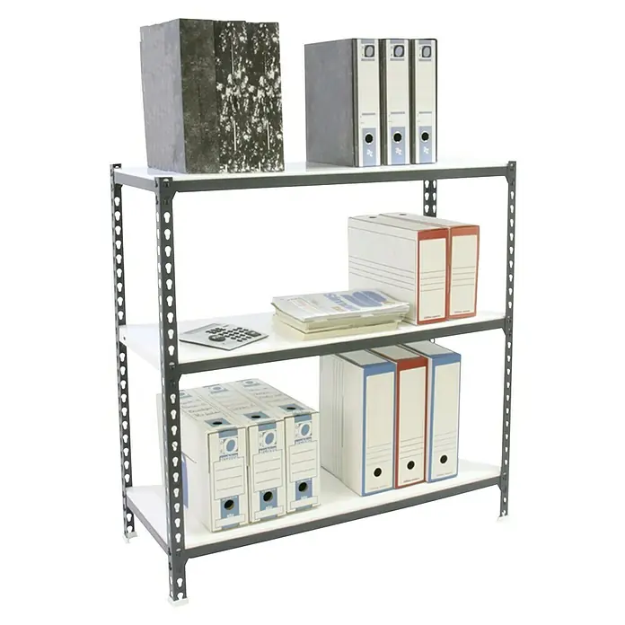 Simonrack Simonclick Metallregal Simonclick Plus - H x B x T: 90 x 90 x 40 cm, Traglast pro Boden: 180 kg, Anzahl Böden: 3 Stk., Stecken, Anthrazit/Weiß - Ein Regal mit drei Ebenen, gefüllt mit Ordnern und Dokumenten, ideal für die Büroorganisation und zur Aufbewahrung wichtiger Unterlagen.