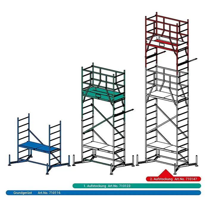 Krause ClimTec Aufstockelement 1. Aufstockung - Arbeitshöhe: 5 m - Produktdarstellung eines Gerüstsystems mit drei Ausbaustufen, dargestellt in Blau, Grün und Rot.
