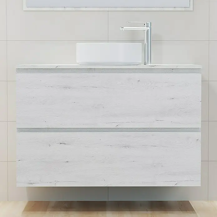 Artysan Mueble bajo de lavabo Cíes - L x An x Al: 38,6 x 100 x 64 cm, Silver - Baño moderno con mueble de lavabo blanco, lavabo sobre encimera y grifo contra pared alicatada.