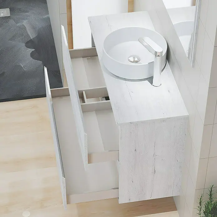 Artysan Mueble bajo de lavabo Cíes - L x An x Al: 38,6 x 100 x 64 cm, Silver - Mueble de baño con lavabo y cajones abiertos con un diseño moderno. Los colores claros y la veta de la madera crean un ambiente agradable.