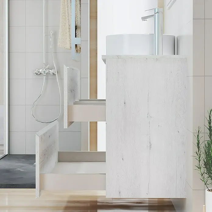 Artysan Mueble bajo de lavabo Cíes - L x An x Al: 38,6 x 100 x 64 cm, Silver - Un mueble de lavabo de madera clara con dos cajones abiertos y grifo delante de un fondo de baño luminoso.