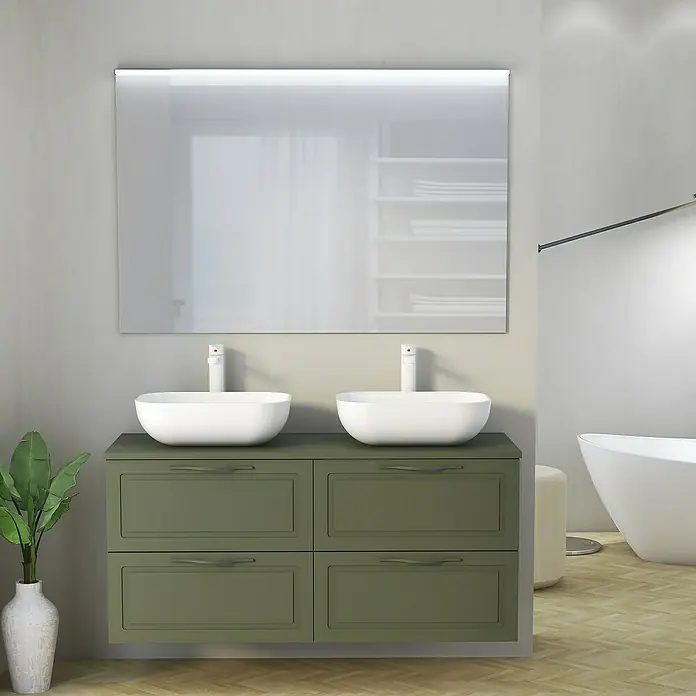 Artysan Mueble bajo de lavabo Toja - An x Pr x Al: 120 x 45 x 54,5 cm, Musgo - Moderno baño con tocador doble verde oliva, espejo grande y bañera exenta.