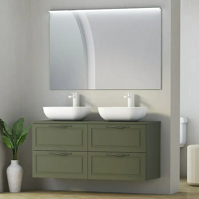 Artysan Encimera para lavabo Toja - 45,7 x 121 x 1,6 cm, Musgo - Mueble de baño moderno con doble lavabo y un gran espejo iluminado, creando un espacio elegante y funcional.