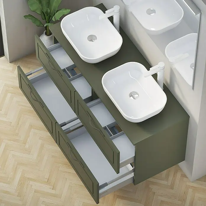 Artysan Mueble bajo de lavabo Toja - An x Pr x Al: 120 x 45 x 54,5 cm, Musgo - Elegante lavabo de baño con mueble verde oliva y cajones abiertos. Diseño moderno para baños elegantes.