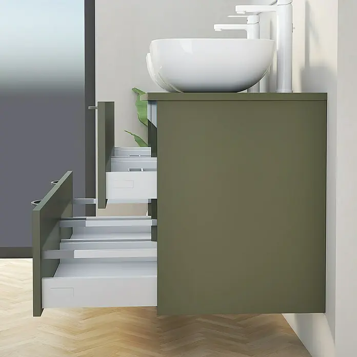 Artysan Mueble bajo de lavabo Toja - An x Pr x Al: 120 x 45 x 54,5 cm, Musgo - Un moderno mueble de baño verde oliva con cajones abiertos y un lavabo sobre encimera. El diseño es minimalista y elegante.