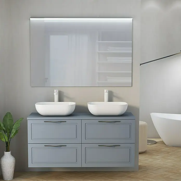 Artysan Mueble bajo de lavabo Toja - An x Pr x Al: 120 x 45 x 54,5 cm, Azul - Elegante interior de baño con un moderno mueble de doble lavabo azul y un gran espejo con iluminación integrada.