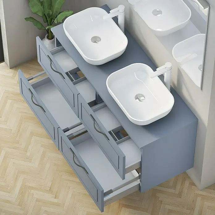 Artysan Mueble bajo de lavabo Toja - An x Pr x Al: 120 x 45 x 54,5 cm, Azul - Mueble de baño azul con dos lavabos y cajones abiertos para productos de baño o sanitarios.