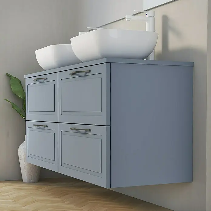 Artysan Mueble bajo de lavabo Toja - An x Pr x Al: 120 x 45 x 54,5 cm, Azul - Lavabo de baño moderno con mueble azul y dos lavabos sobre encimera para un ambiente elegante.