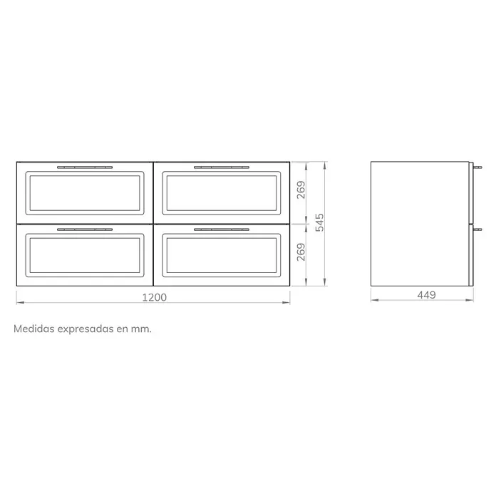Artysan Mueble bajo de lavabo Toja - An x Pr x Al: 120 x 45 x 54,5 cm, Musgo - Un dibujo técnico de cuatro hornos montados en una pared, con las dimensiones correspondientes en milímetros, para enfatizar el electrodoméstico.