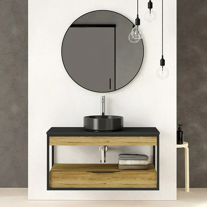 Artysan Conjunto de mueble de baño Izaro - Ancho: 100 cm, 3 pzs., Roble/Negro, Mate - Elegante conjunto de baño con espejo redondo, lavabo sobre encimera negro y mueble de madera. Las luces colgantes añaden acentos elegantes.