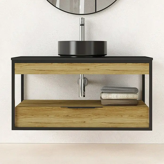 Artysan Conjunto de mueble de baño Izaro - Ancho: 100 cm, 3 pzs., Roble/Negro, Mate - Un moderno mueble de baño con una combinación de lavabo sobre encimera negro y acabado de vetas de madera, ideal para baños elegantes.