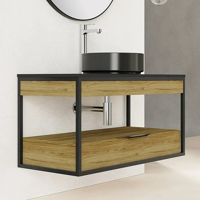 Artysan Conjunto de mueble de baño Izaro - Ancho: 100 cm, 3 pzs., Roble/Negro, Mate - Mueble de baño moderno con marco oscuro, textura de madera y lavabo sobre encimera negro para un baño elegante.