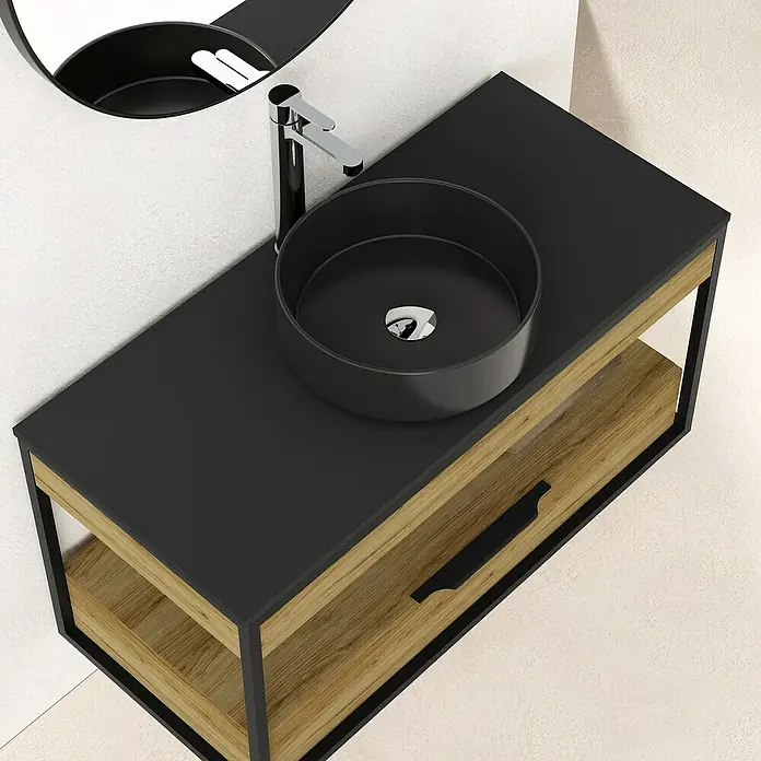 Artysan Conjunto de mueble de baño Izaro - Ancho: 100 cm, 3 pzs., Roble/Negro, Mate - Moderno mueble de baño con lavabo de encimera negro y cajón de madera para un baño elegante.