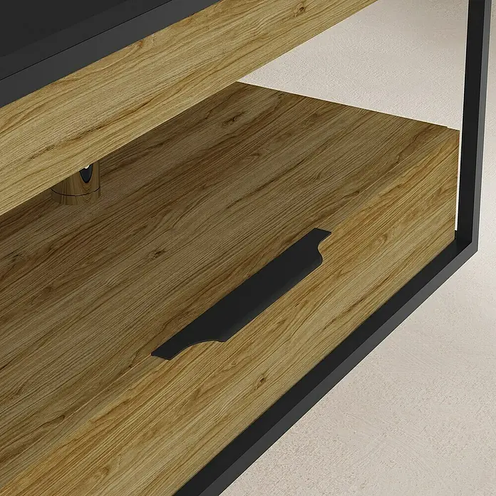 Artysan Conjunto de mueble de baño Izaro - Ancho: 100 cm, 3 pzs., Roble/Negro, Mate - Primer plano de una moderna estantería de madera con detalles en negro, que muestra un diseño elegante y con estilo.