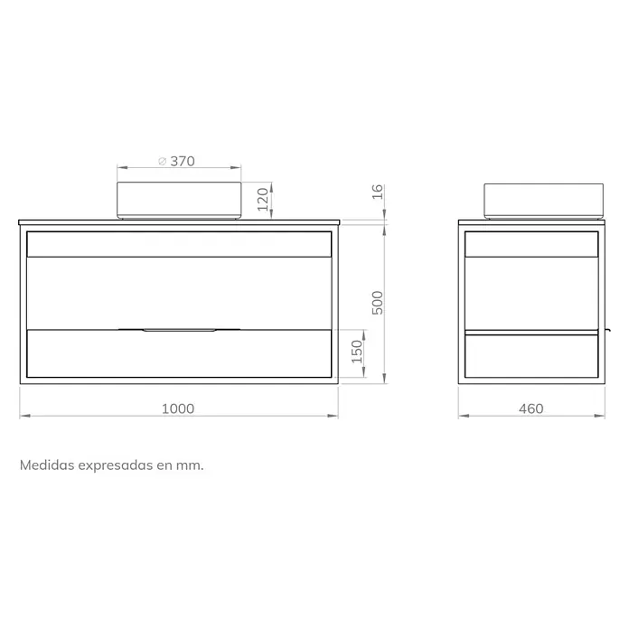 Artysan Conjunto de mueble de baño Izaro - Ancho: 100 cm, 3 pzs., Teja/Blanco, Mate - Vista del producto de un mueble de baño con lavabo y cajones. Las dimensiones están en milímetros, incluyendo altura, ancho y diámetro.