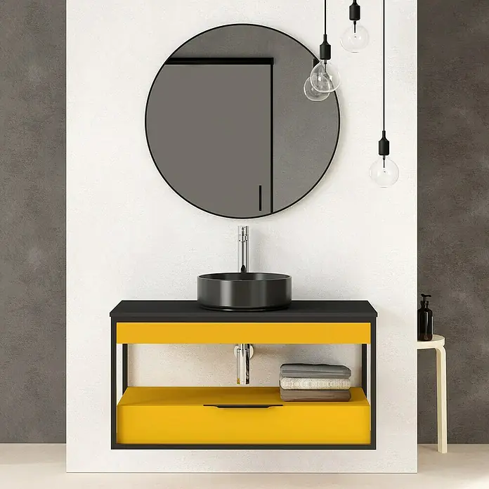 Artysan Conjunto de mueble de baño Izaro - Ancho: 100 cm, 3 pzs., Mostaza/Negro, Mate - Elegante mueble de baño con detalles amarillos, espejo redondo y lámparas colgantes para un ambiente moderno.