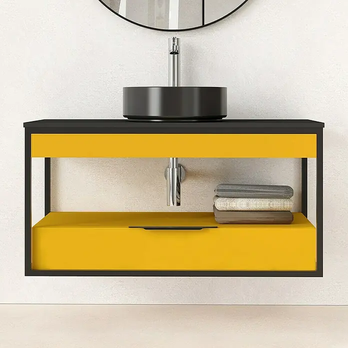 Artysan Conjunto de mueble de baño Izaro - Ancho: 100 cm, 3 pzs., Mostaza/Negro, Mate - La imagen muestra un moderno mueble de baño amarillo y negro con un lavabo de recipiente redondo y espacio para guardar toallas.