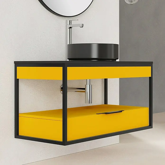 Artysan Conjunto de mueble de baño Izaro - Ancho: 100 cm, 3 pzs., Mostaza/Negro, Mate - Elegante mueble de baño en amarillo y negro. El diseño moderno con un cajón ofrece un práctico espacio de almacenamiento en el baño.