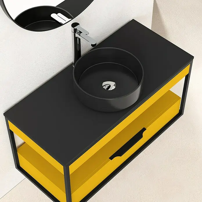 Artysan Conjunto de mueble de baño Izaro - Ancho: 100 cm, 3 pzs., Mostaza/Negro, Mate - Mueble de lavabo negro con detalles amarillos y lavabo sobre encimera redondo. Diseño moderno para un baño elegante.