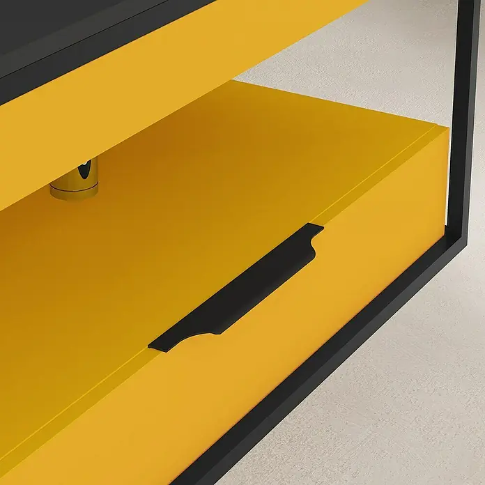 Artysan Conjunto de mueble de baño Izaro - Ancho: 100 cm, 3 pzs., Mostaza/Negro, Mate - Primer plano de un cajón amarillo con tirador y marco negros, parte de un mueble.