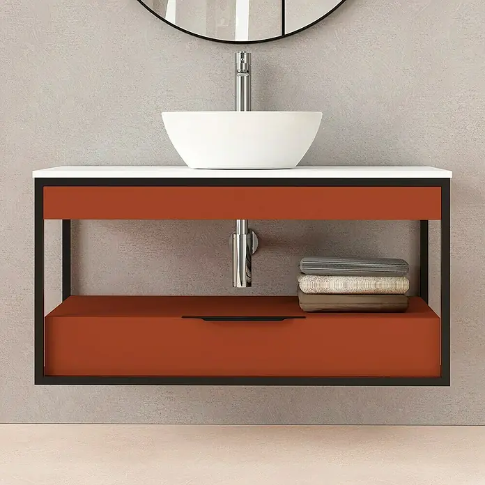 Artysan Conjunto de mueble de baño Izaro - Ancho: 100 cm, 3 pzs., Teja/Blanco, Mate - Baño moderno con tocador de terracota con estructura metálica negra, lavabo y toallas.