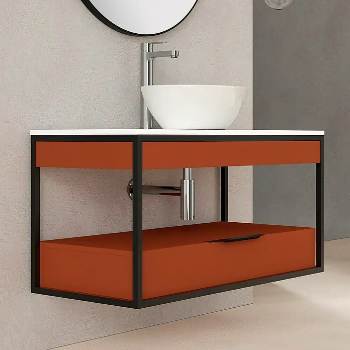 Artysan Conjunto de mueble de baño Izaro - Ancho: 100 cm, 3 pzs., Teja/Blanco, Mate - Un moderno mueble de baño con estructura negra y cajones naranjas. El mueble de baño tiene un diseño minimalista pero elegante.