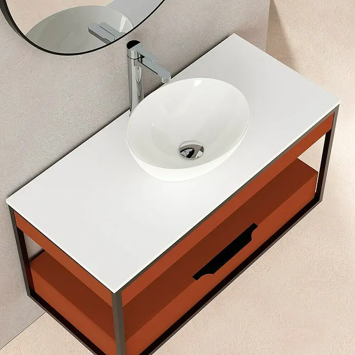 Artysan Conjunto de mueble de baño Izaro - Ancho: 100 cm, 3 pzs., Teja/Blanco, Mate - Elegante conjunto de tocador de baño con encimera blanca, lavabo sobre encimera y mueble marrón con cajón, complementado con un espejo estiloso.