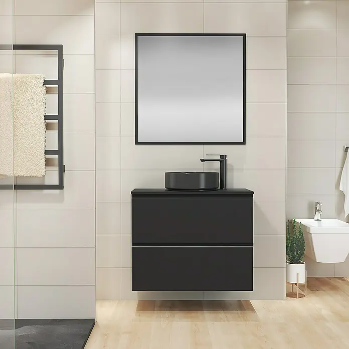 Artysan Mueble bajo de lavabo Cíes - L x An x Al: 38,6 x 80 x 64 cm, Negro - Un baño elegante con un moderno mueble de lavabo negro, un lavabo redondo y un espejo cuadrado. Diseño contemporáneo y elegante.