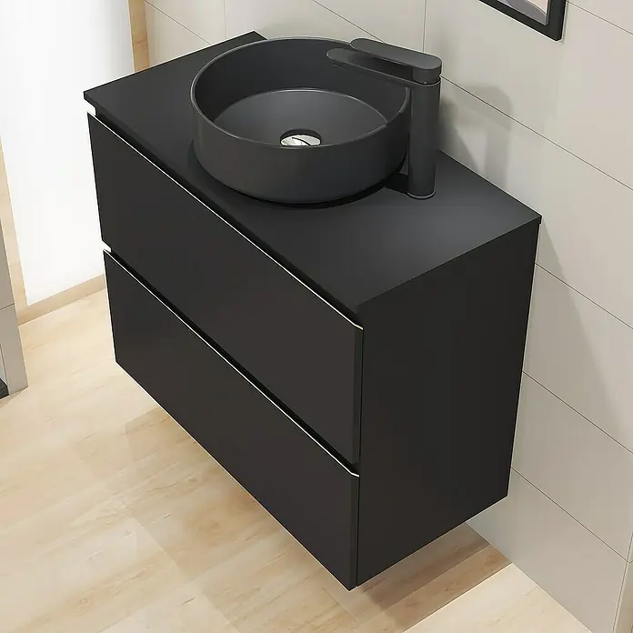 Artysan Mueble bajo de lavabo Cíes - L x An x Al: 38,6 x 80 x 64 cm, Negro - Elegante conjunto de mueble de lavabo negro con lavabo redondo sobre encimera y grifo minimalista para un ambiente de baño moderno.