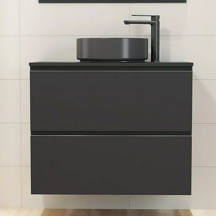 Artysan Mueble bajo de lavabo Cíes - L x An x Al: 38,6 x 80 x 64 cm, Negro - Mueble de baño moderno con lavabo sobre encimera redondo y grifo minimalista.