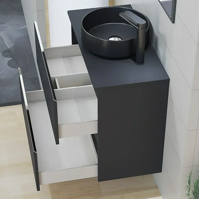 Artysan Mueble bajo de lavabo Cíes - L x An x Al: 38,6 x 80 x 64 cm, Negro - Elegante lavabo de baño con mueble bajo negro. El diseño moderno ofrece un espacio de almacenamiento práctico y una estética elegante.