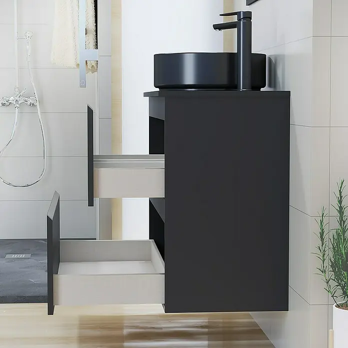 Artysan Mueble bajo de lavabo Cíes - L x An x Al: 38,6 x 80 x 64 cm, Negro - Mueble de baño negro con cajones abiertos y un lavabo redondo moderno, ideal para un baño con estilo.