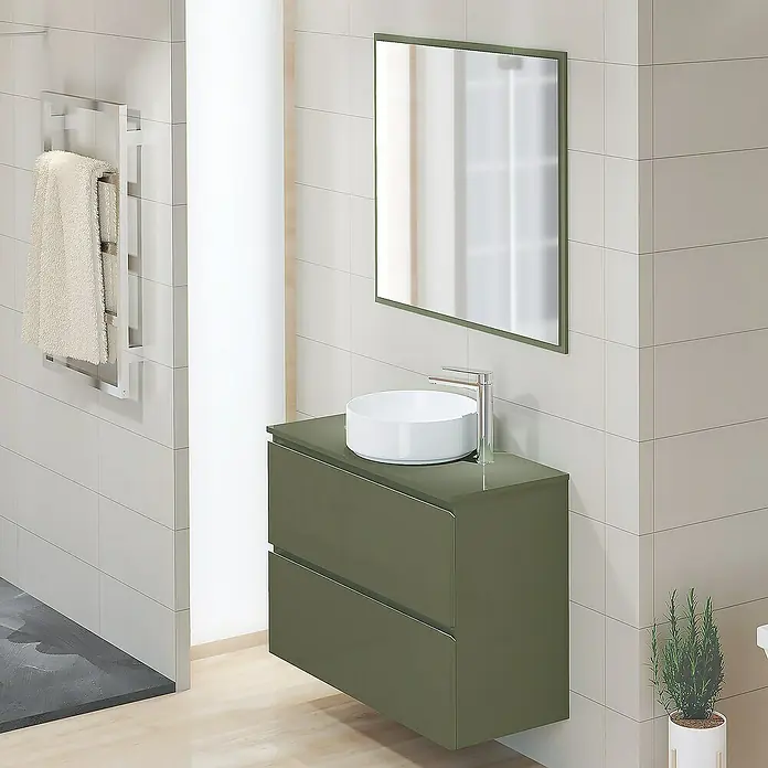 Artysan Encimera para lavabo Cíes - 39,1 x 91 x 1,6 cm, Musgo - Un baño moderno con un tocador verde oliva, un lavabo redondo y un espejo a juego.