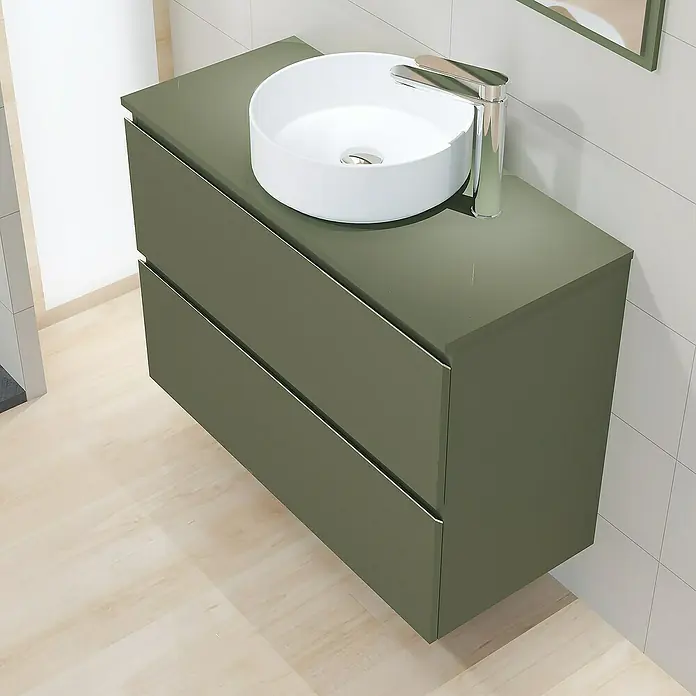 Artysan Mueble bajo de lavabo Cíes - L x An x Al: 38,6 x 90 x 64 cm, Musgo - Elegante mueble de baño con cajones verde oliva y un lavabo sobre encimera redondo, que combina estilo y funcionalidad.