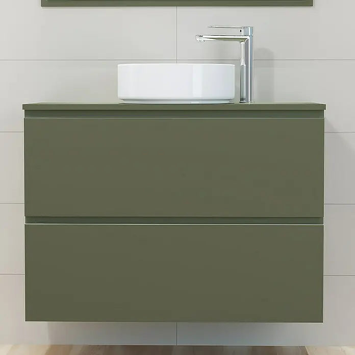 Artysan Mueble bajo de lavabo Cíes - L x An x Al: 38,6 x 90 x 64 cm, Musgo - Baño moderno con mueble de lavabo verde oliva, lavabo y grifo.
