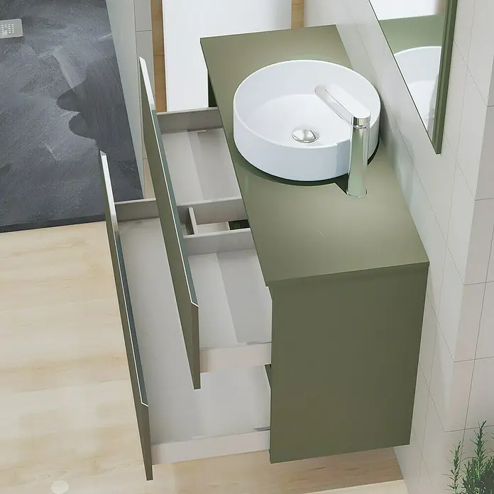 Artysan Mueble bajo de lavabo Cíes - L x An x Al: 38,6 x 90 x 64 cm, Musgo - Mueble de baño moderno verde oliva con diseño de cajón abierto y lavabo sobre encimera redondo, ideal para baños elegantes.