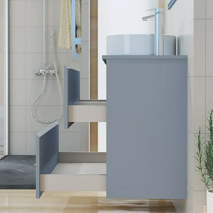 Artysan Mueble bajo de lavabo Cíes - L x An x Al: 38,6 x 90 x 64 cm, Azul - Mueble de baño con lavabo y dos cajones abiertos en un baño moderno.