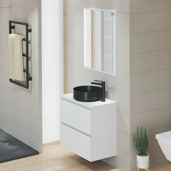 Artysan Mueble bajo de lavabo Cíes - L x An x Al: 38,6 x 70 x 64 cm, Blanco - Baño moderno con mueble de lavabo blanco, lavabo negro sobre encimera y toallero radiador. Diseño elegante para su baño.