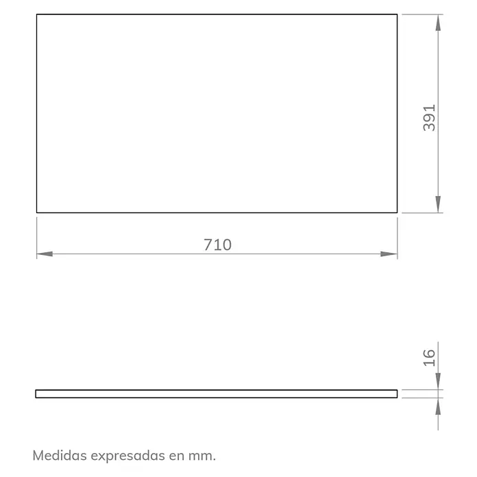 Artysan Encimera para lavabo Cíes - 39,1 x 71 x 1,6 cm, Silver - Dibujo técnico de un panel rectangular con dimensiones de 710 x 391 x 16 mm. Detalles precisos para construcción y diseño.