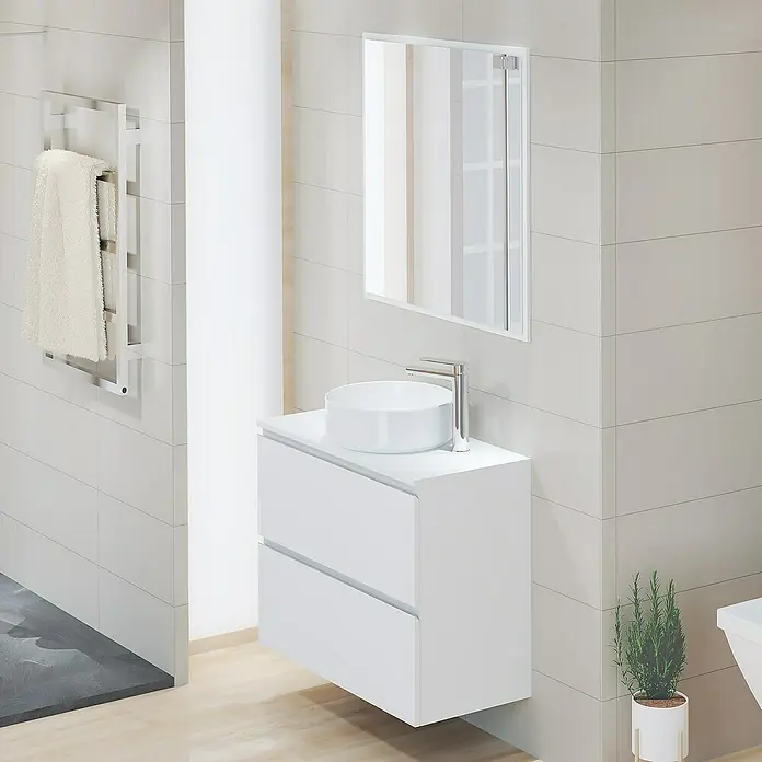 Artysan Encimera para lavabo Cíes - 39,1 x 81 x 1,6 cm, Blanco - Un baño moderno con un mueble de lavabo blanco, un lavabo redondo y un espejo elegante, para un estilo minimalista.