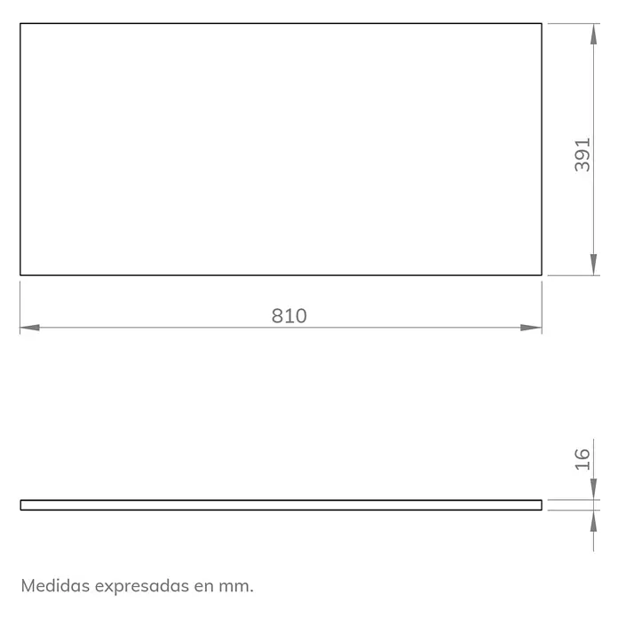 Artysan Encimera para lavabo Cíes - 39,1 x 81 x 1,6 cm, Blanco - Dibujo técnico de un tablero de medidas 810 x 391 x 16 mm. Las medidas están expresadas en milímetros.