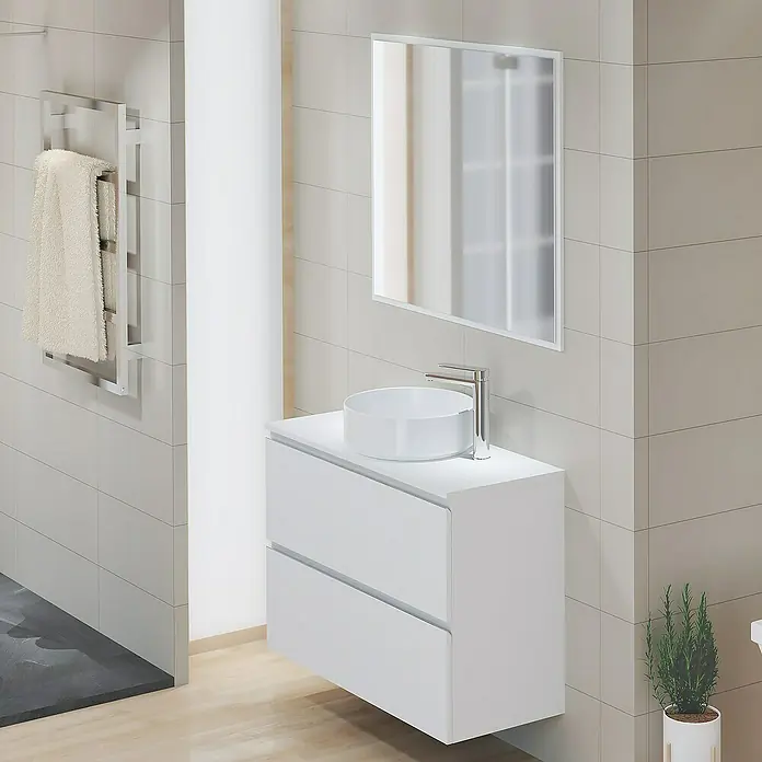 Artysan Mueble bajo de lavabo Cíes - L x An x Al: 38,6 x 90 x 64 cm, Blanco - Baño moderno con mueble de lavabo blanco, lavabo sobre encimera y toallero. Diseño elegante para un baño moderno y funcional.