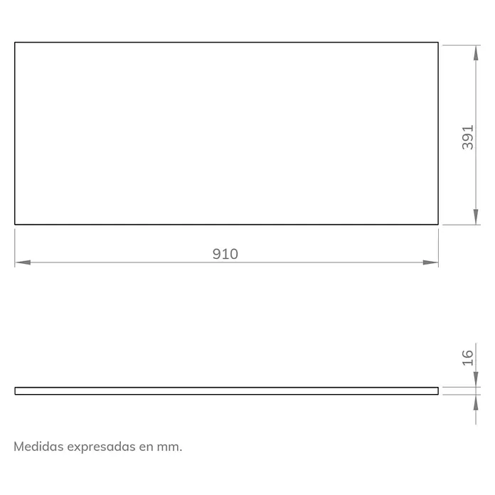 Artysan Encimera para lavabo Cíes - 39,1 x 91 x 1,6 cm, Silver - Dibujo técnico de un tablero rectangular de 910 x 391 x 16 mm, con medidas expresadas en milímetros.