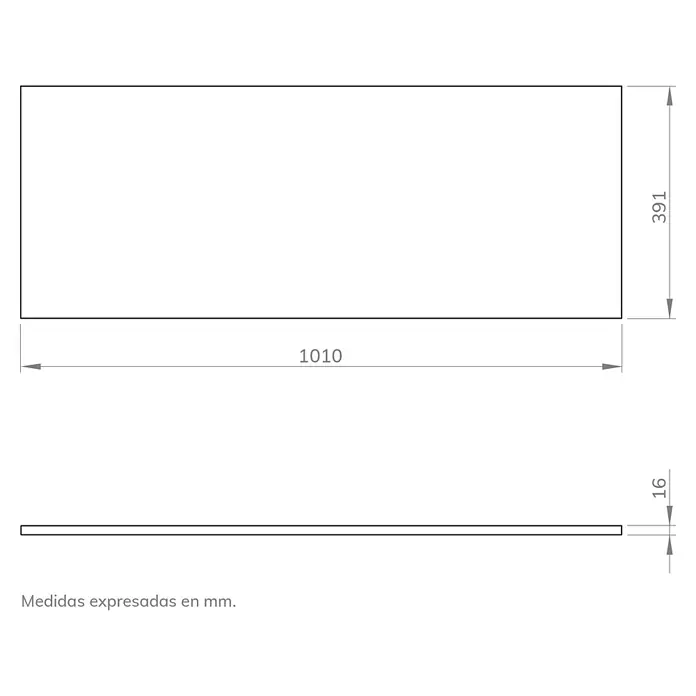 Artysan Encimera para lavabo Cíes - 39,1 x 101 x 1,6 cm, Silver - Dibujo técnico de una estantería con dimensiones de 1010 mm de longitud, 391 mm de ancho y 16 mm de grosor.