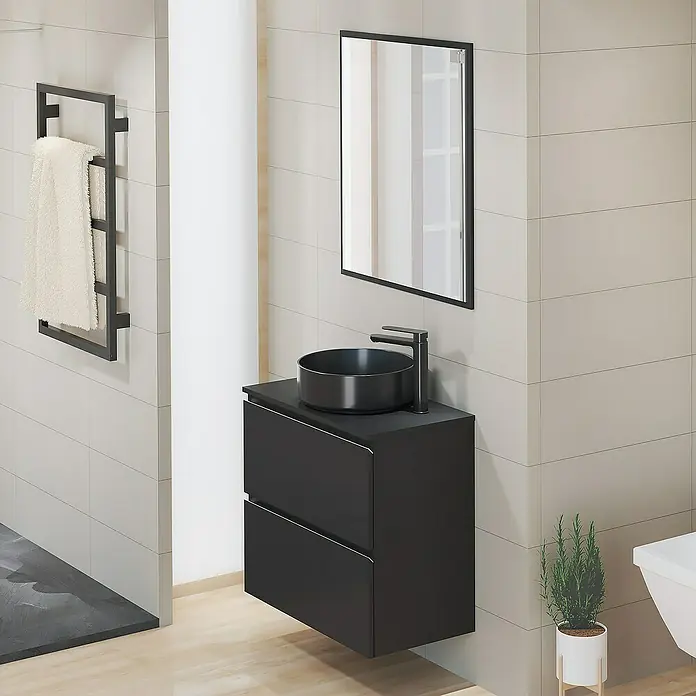 Artysan Encimera para lavabo Cíes - 39,1 x 71 x 1,6 cm, Negro - Elegante interior de baño con mueble de lavabo negro, lavabo sobre encimera y espejo a juego, diseño moderno.